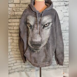 The Mountain Y2K hoodie sweatshirt Watercolor Gray Pocket Front Wolf LG unisex